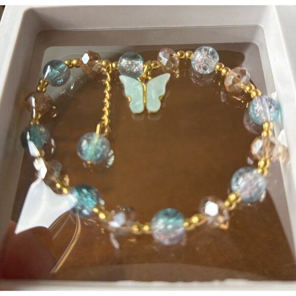 Blue & Gold Beaded Stretch Bracelet Butterfly Charm in 3D Floating Display Case - Picture 3 of 6